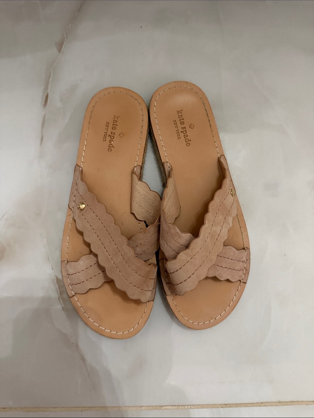 Kate Spade Ibiza Blush Scalloped Leather Slide Espadrille Sandals